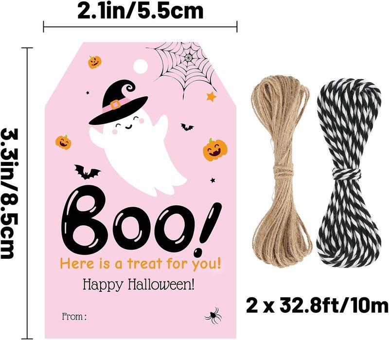 Alynta Halloween Tags with String - 50Pcs Happy Halloween Paper Gift Tags Boo Tag Pumpkin Ghost Name Tag Labels for Goodie Bags Gift Wrapping Halloween Decorations (Pink) - Image 2